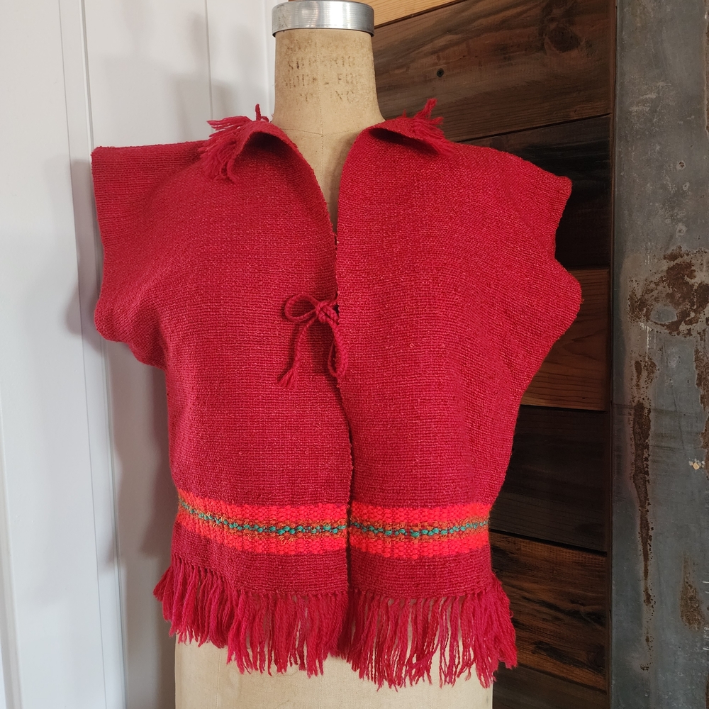 Vintage Red Fringed Women's Top Hand Woven By Mary Louise Bradbury